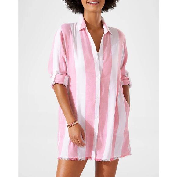 Tommy Bahama Rugby Beach Stripe Boyfriend Shirt Coral Coast Swim Coverup Large - Picture 1 of 9